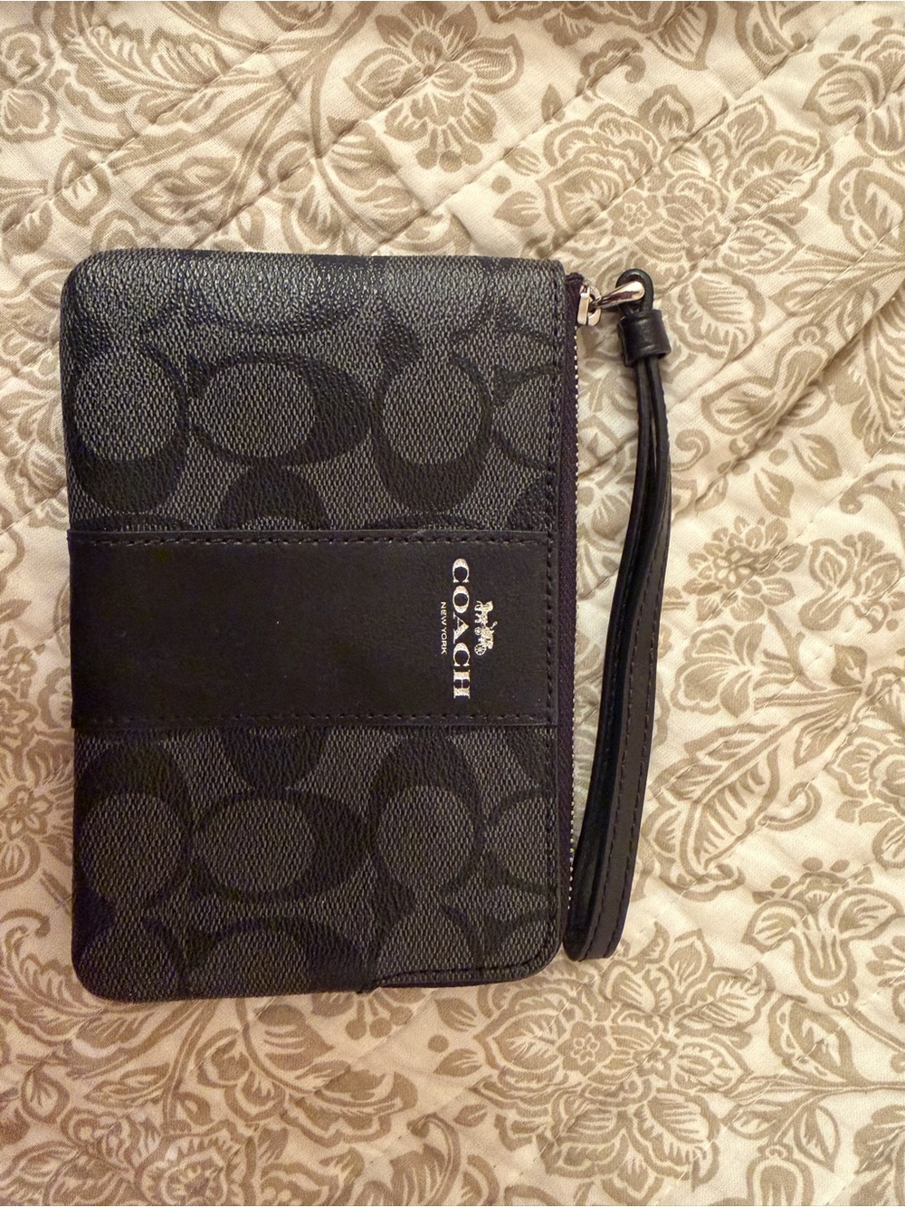 Coach Black Signature Zip Wristlet with Logo Patch
